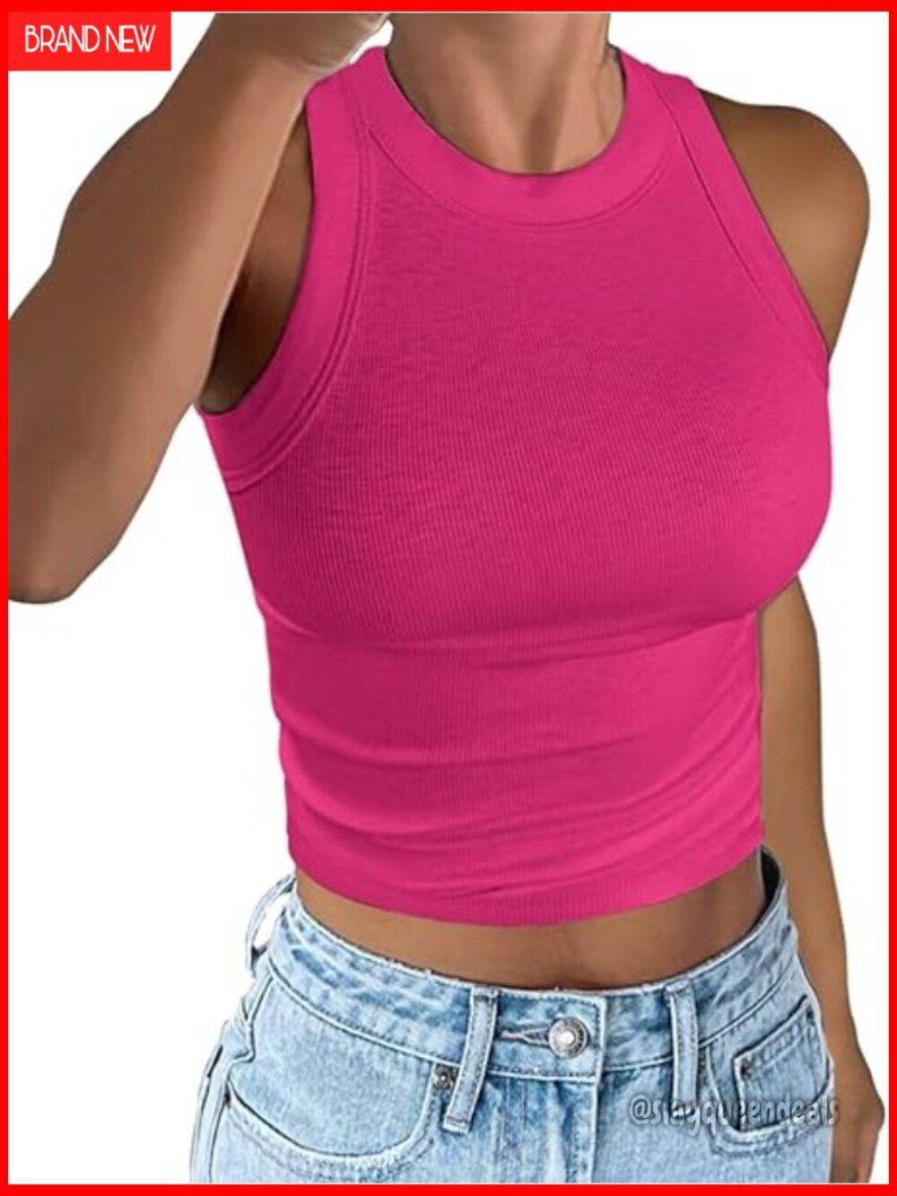 Ribbed Racerback Tank Top Slim Fit Crop Crewneck Polyester Cotton Spandex